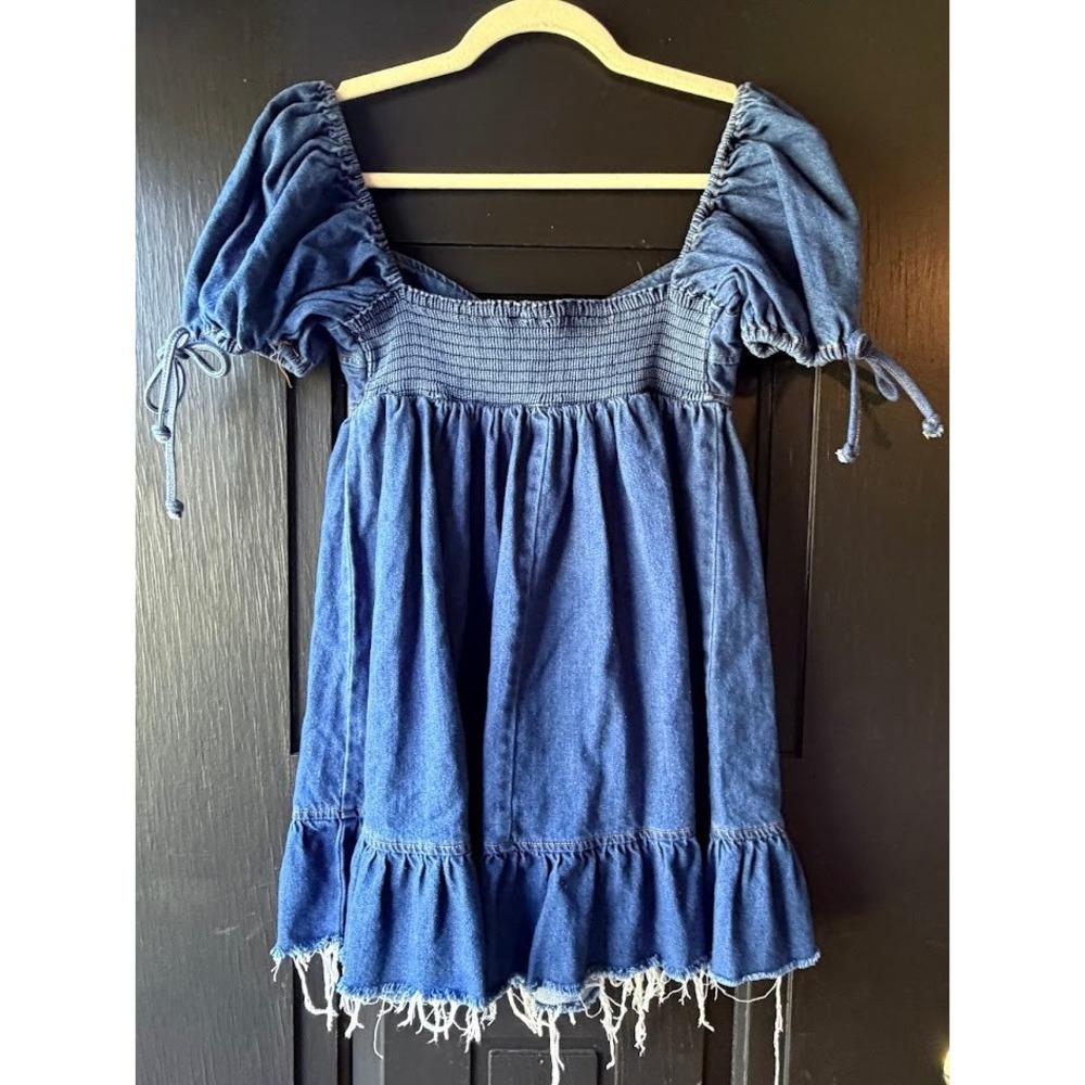 Olivaceous Blue Denim Puff Sleeve Babydoll Mini Dress Frayed Hem Sweetheart Neck - Picture 7 of 10